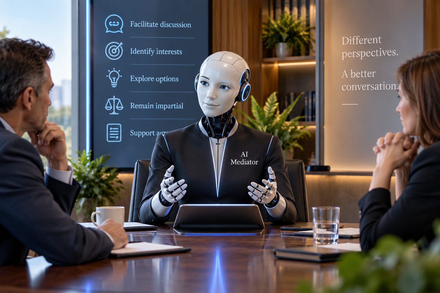 Conceptual illustration of an AI mediator assisting two parties during a mediation meeting