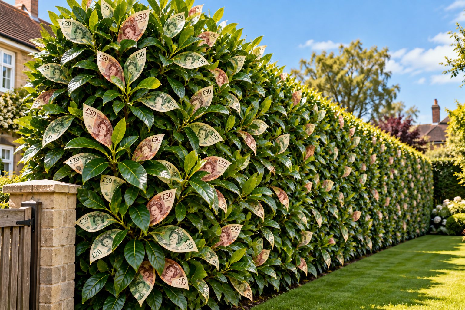 Laurel hedge with money-shaped leaves illustrating the potentially high cost of boundary disputes.