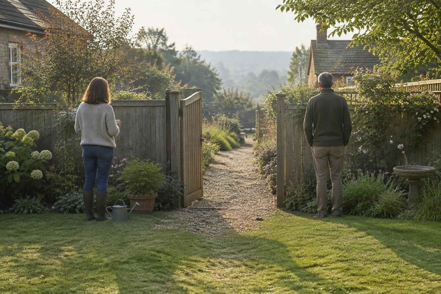Two neighbours standing either side of a garden fence with an open gate and pathway between them