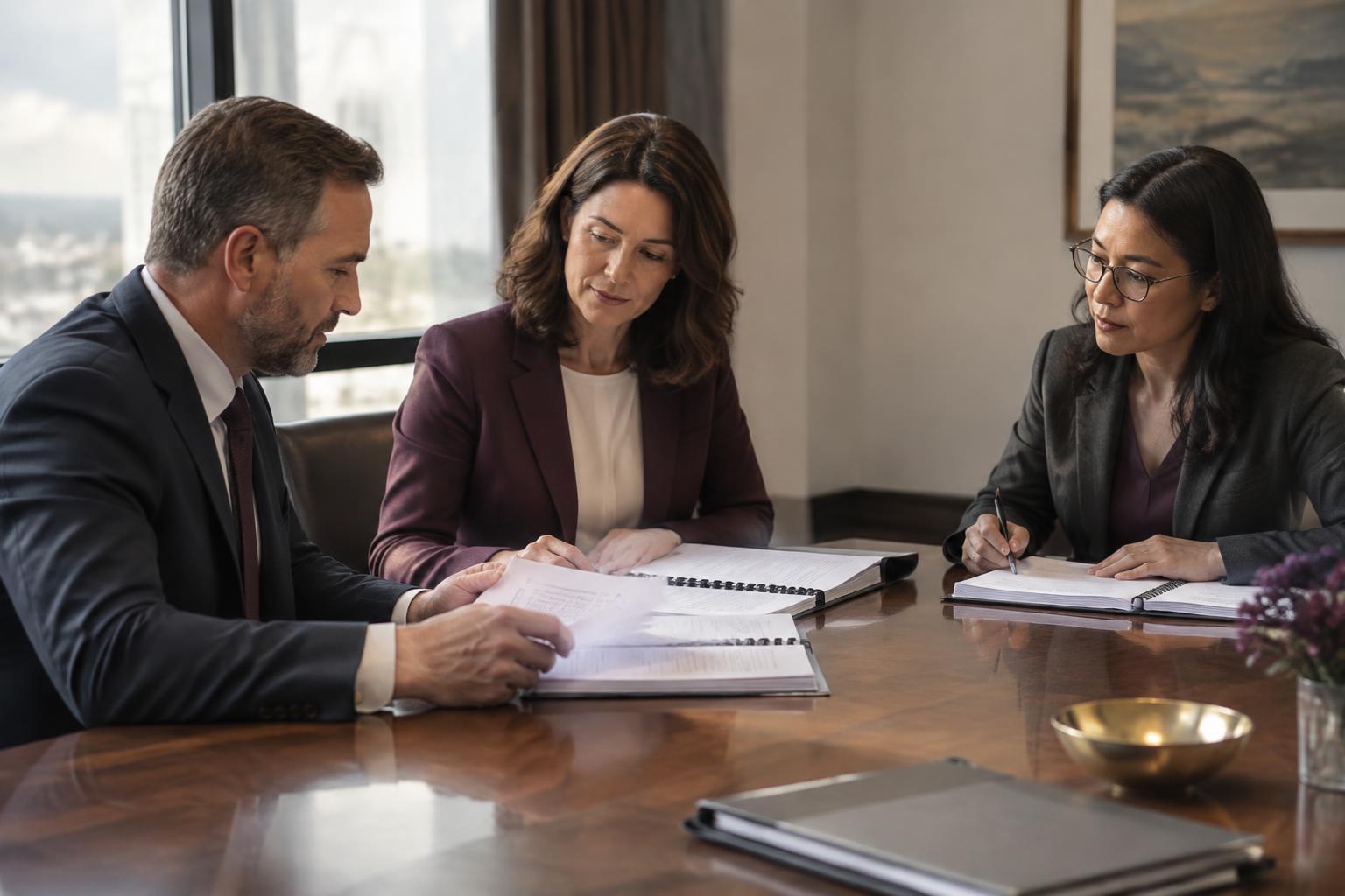 Commercial parties reviewing documents around a boardroom table during an early neutral evaluation