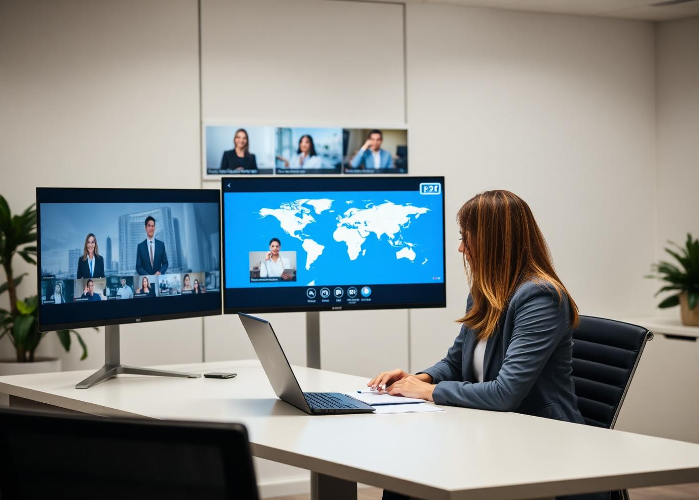 A business professional taking part in an international video conference with colleagues overseas