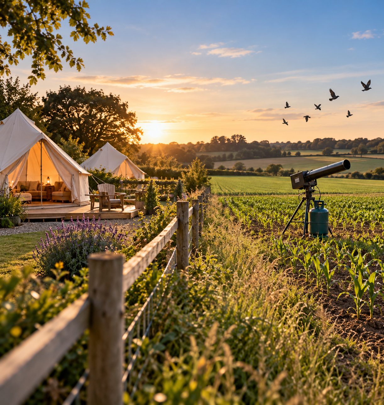 Illustration of neighbouring tourism and agricultural land uses, showing a glamping site beside farmland with a bird scarer