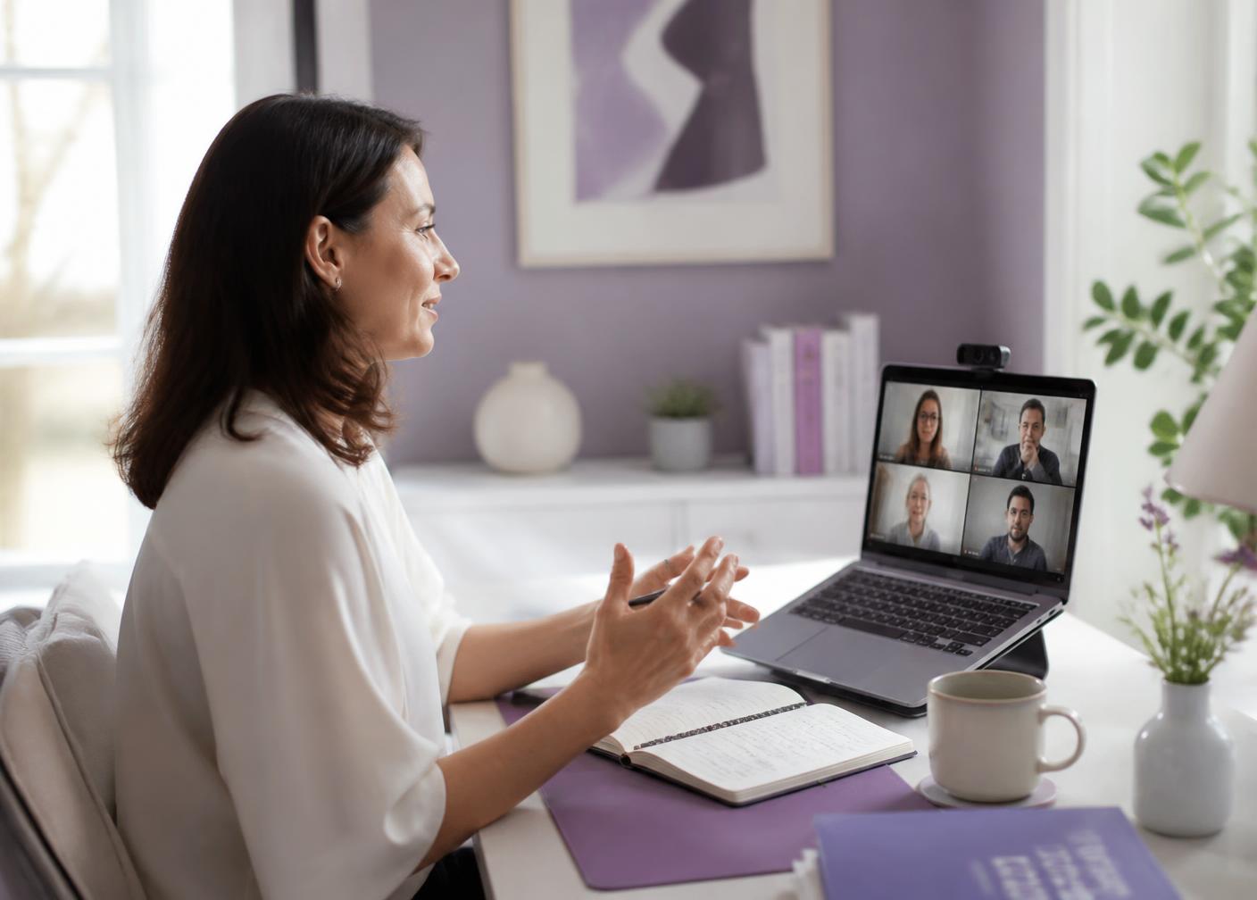 A mediator taking part in an online mediation from a bright home study