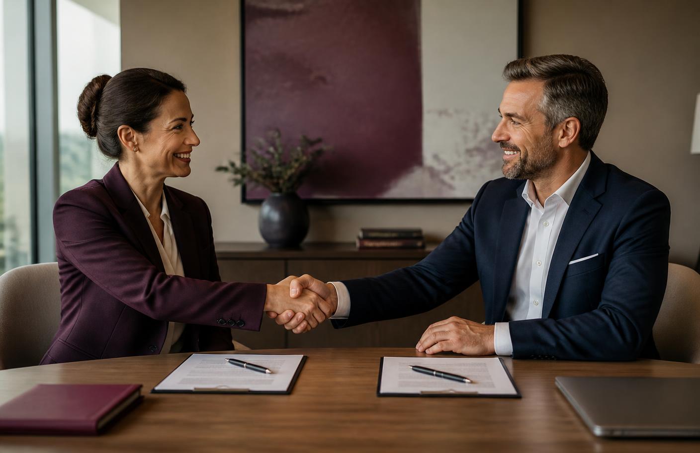 Two professionals shaking hands after reaching a mediated settlement